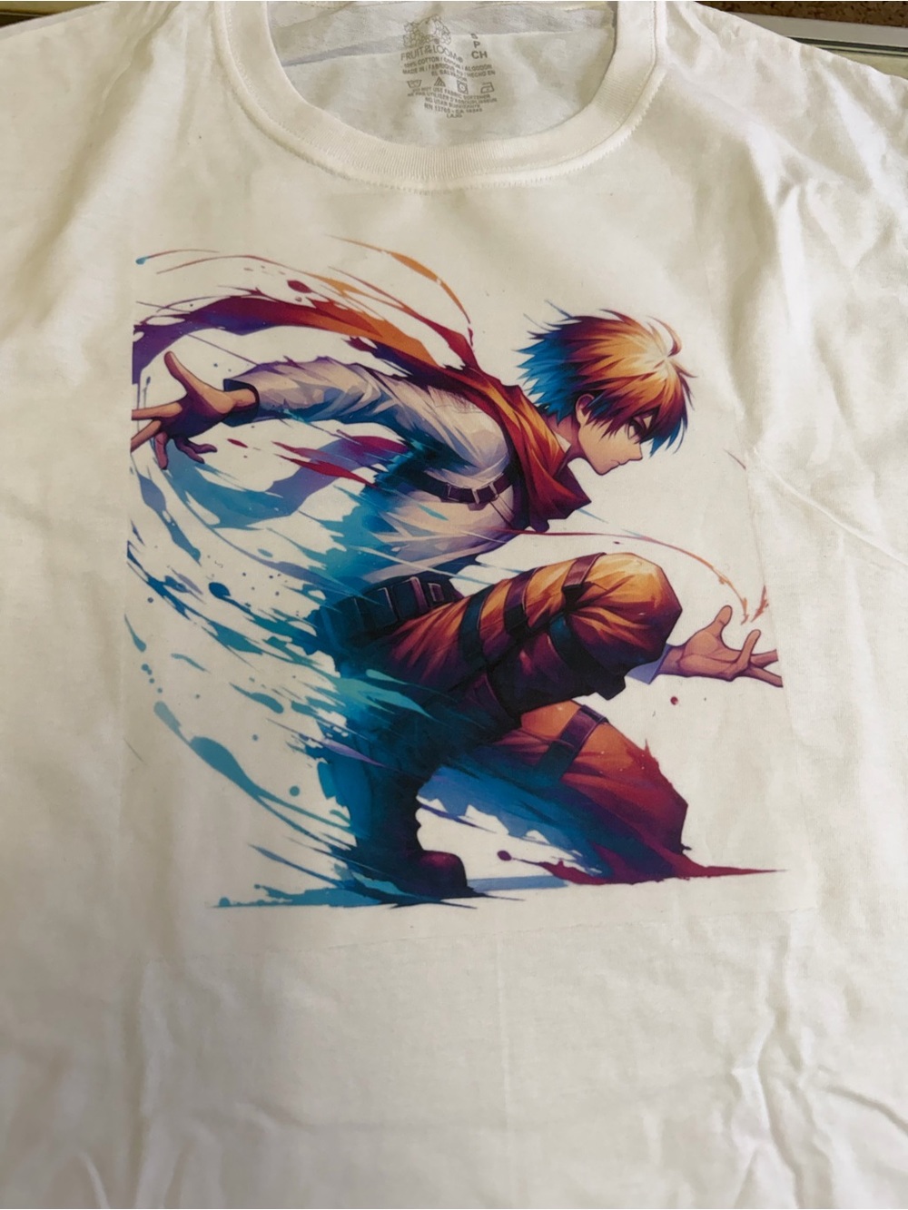 White Short Sleeve Tee with Blue, Orange and Purple Anime Character Print custom